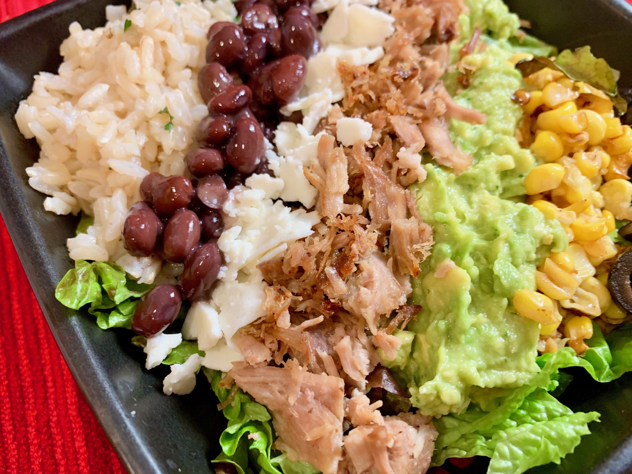 Crispy Carnitas Burrito Bowl with Cilantro-Lime Brown Rice and Easy Guacamole (Instant Pot)
